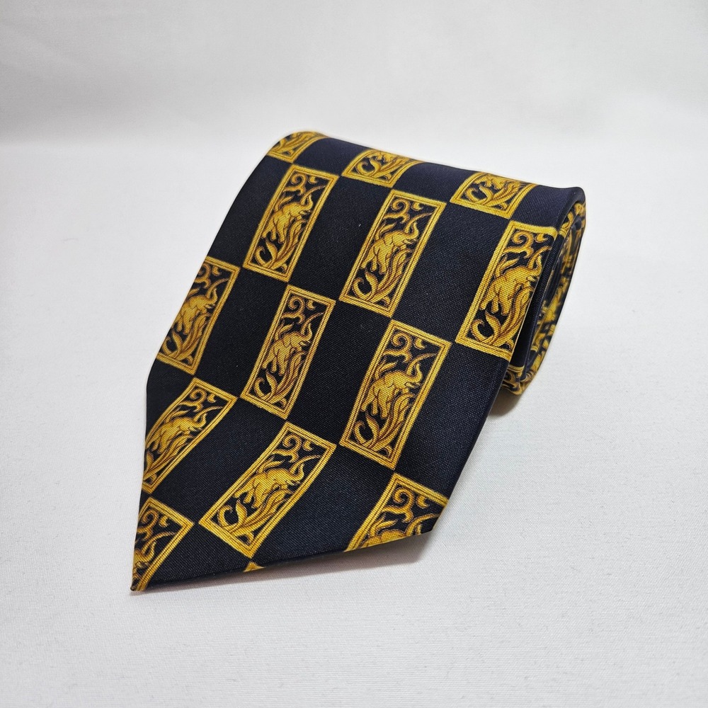 Jim Thompson Thai Silk Necktie Navy‎ Blue Gold Elephant Motif 3.75"x56"